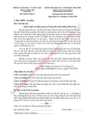 Đề kiểm tra học kỳ I môn Ngữ văn Lớp 9 - Năm học 2019-2020 - Phòng giáo dục và đào tạo Thị xã Phú Mỹ (Có đáp án)